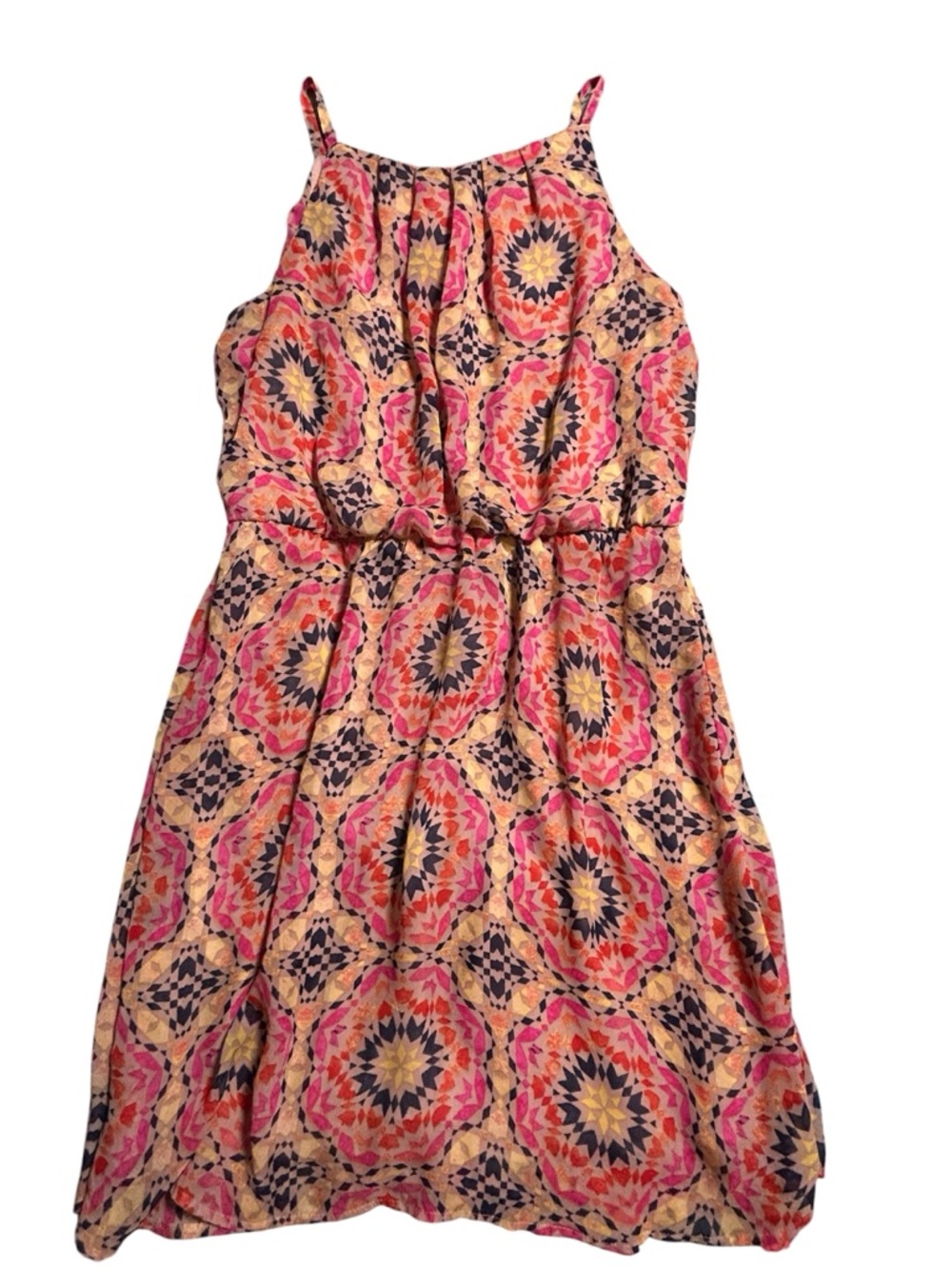Tacera Pink and Yellow Geometric Mini Dress